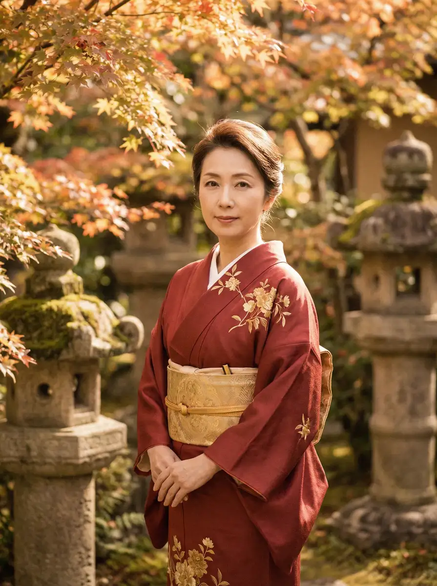 一位身穿暗红色和服的优雅 五一视频 - 五一视频资源平台 | 免费在线观看高清视频 在日式庭院中